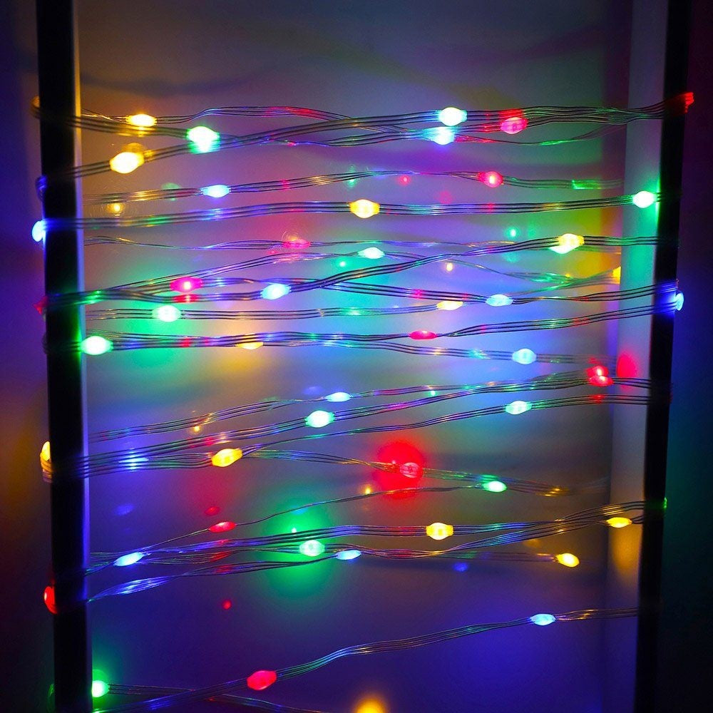 Instalatie de Craciun Yoto, liniara, cu 100 micro LED-uri, 10 m, 220V, conectare la retea, cu 8 jocuri de lumini, interior/exterior, fir transparent, multicolora - vivimall.ro
