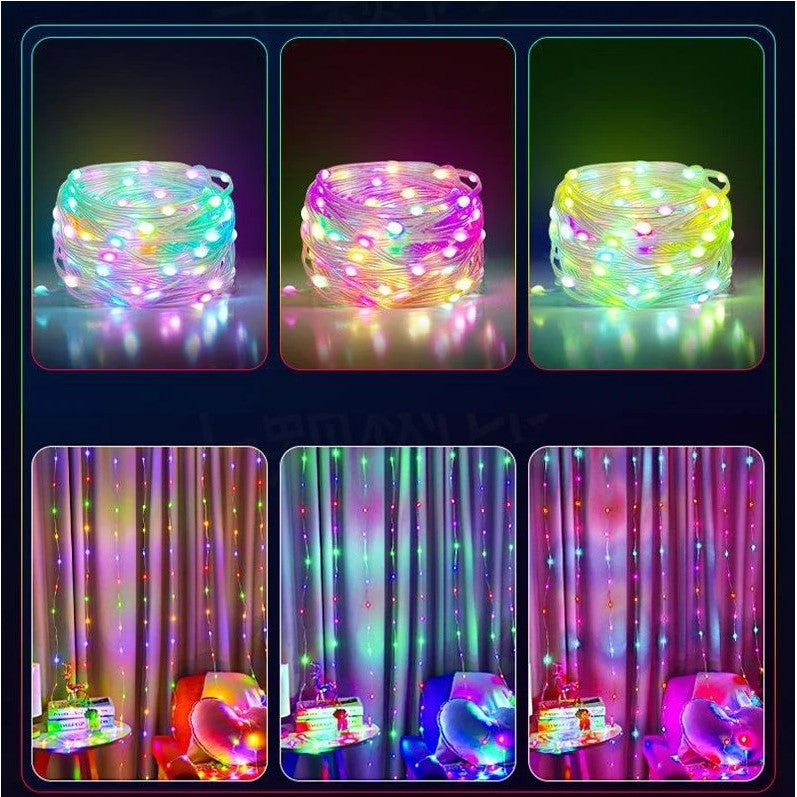 Instalatie de Craciun Vivimall, liniara, cu 200 micro LED-uri, 20 m, 220V, conectare la retea, cu 8 jocuri de lumini, interior/exterior, fir transparent, 3 fire cupru, multicolora - vivimall.ro