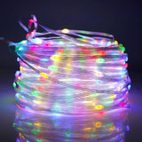 Instalatie de Craciun Vivimall, liniara, cu 200 micro LED-uri, 20 m, 220V, conectare la retea, cu 8 jocuri de lumini, interior/exterior, fir transparent, 3 fire cupru, multicolora - vivimall.ro
