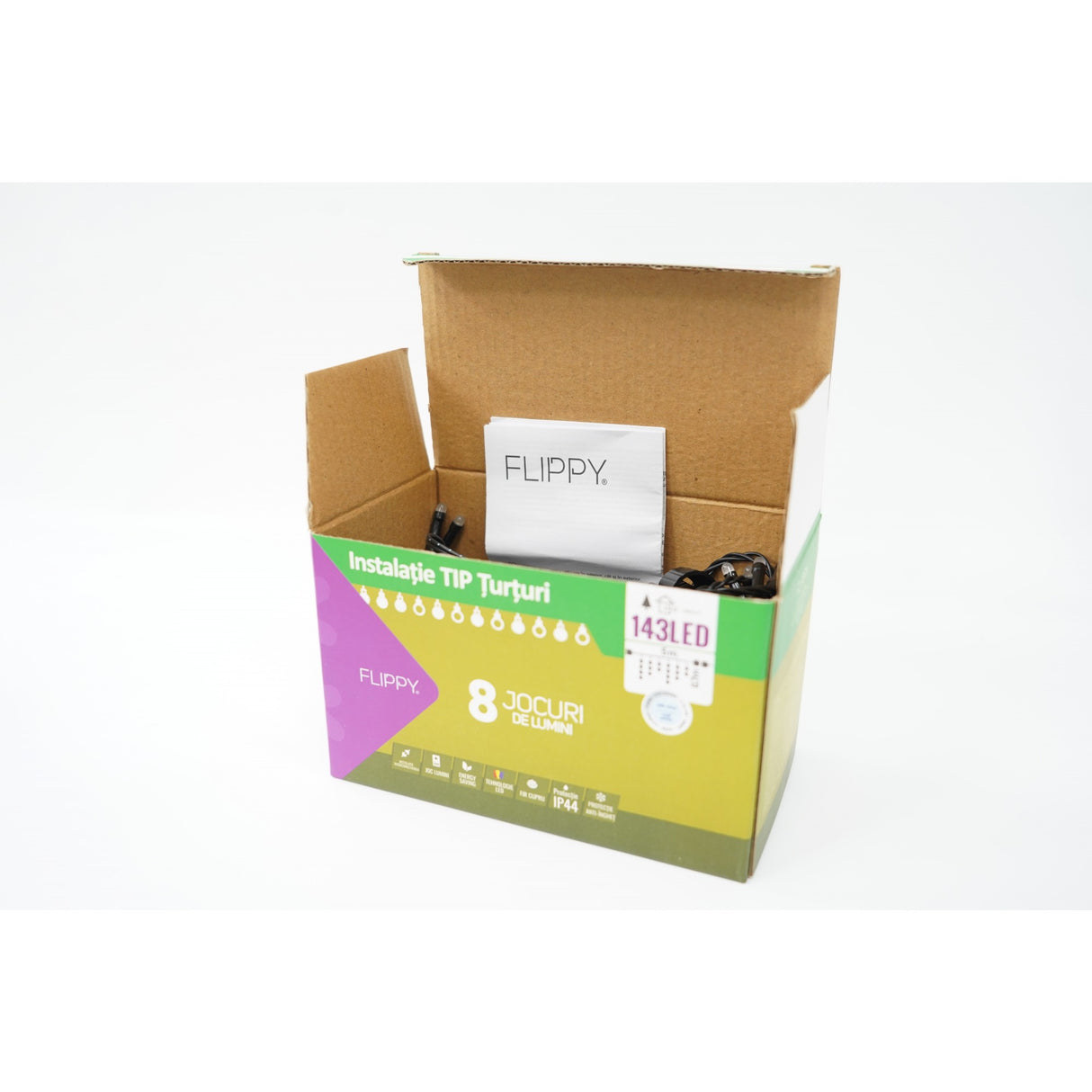 Instalatie de Craciun Vivimall® Tip Franjuri, 8 jocuri de lumini, Sectiune 5 m, 143 LED-uri, Interconectabila, Fir Negru, Alb Rece - vivimall.ro