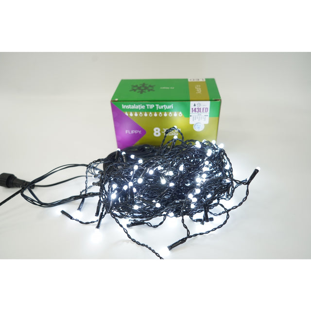 Instalatie de Craciun Vivimall® Tip Franjuri, 8 jocuri de lumini, Sectiune 5 m, 143 LED-uri, Interconectabila, Fir Negru, Alb Rece - vivimall.ro