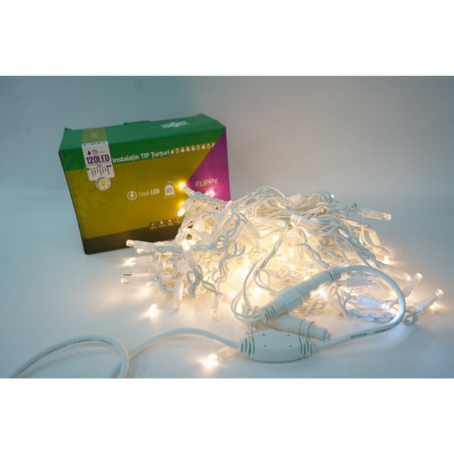 Instalatie de Craciun Flippy® Tip Franjuri cu Flash, IP65, Sectiune 5 m, 120 LED-uri, Interconectabila, Fir Alb, Alb Cald - vivimall.ro