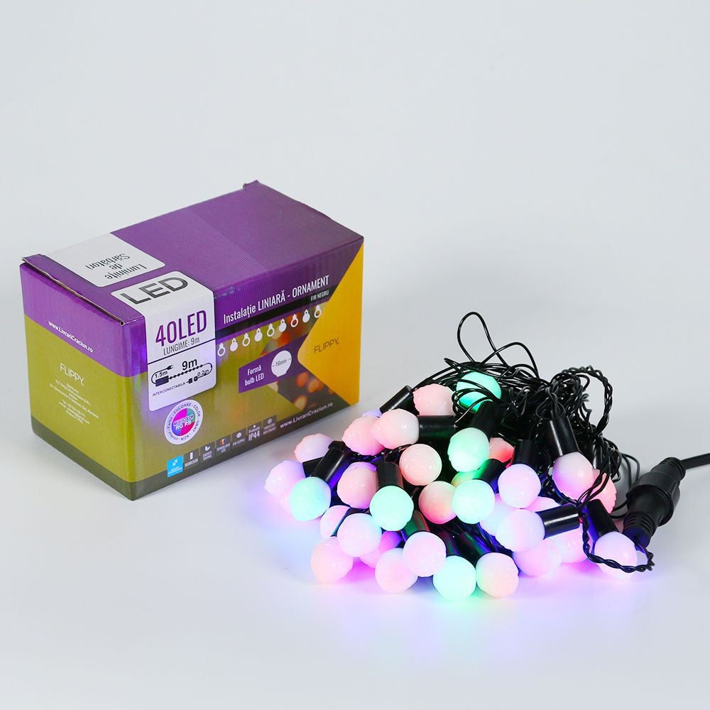 Instalatie de Craciun, Flippy®, Tip Liniara,  9 m, 40 LED-uri, Model Bulb, Interconectabila, Multicolor - vivimall.ro