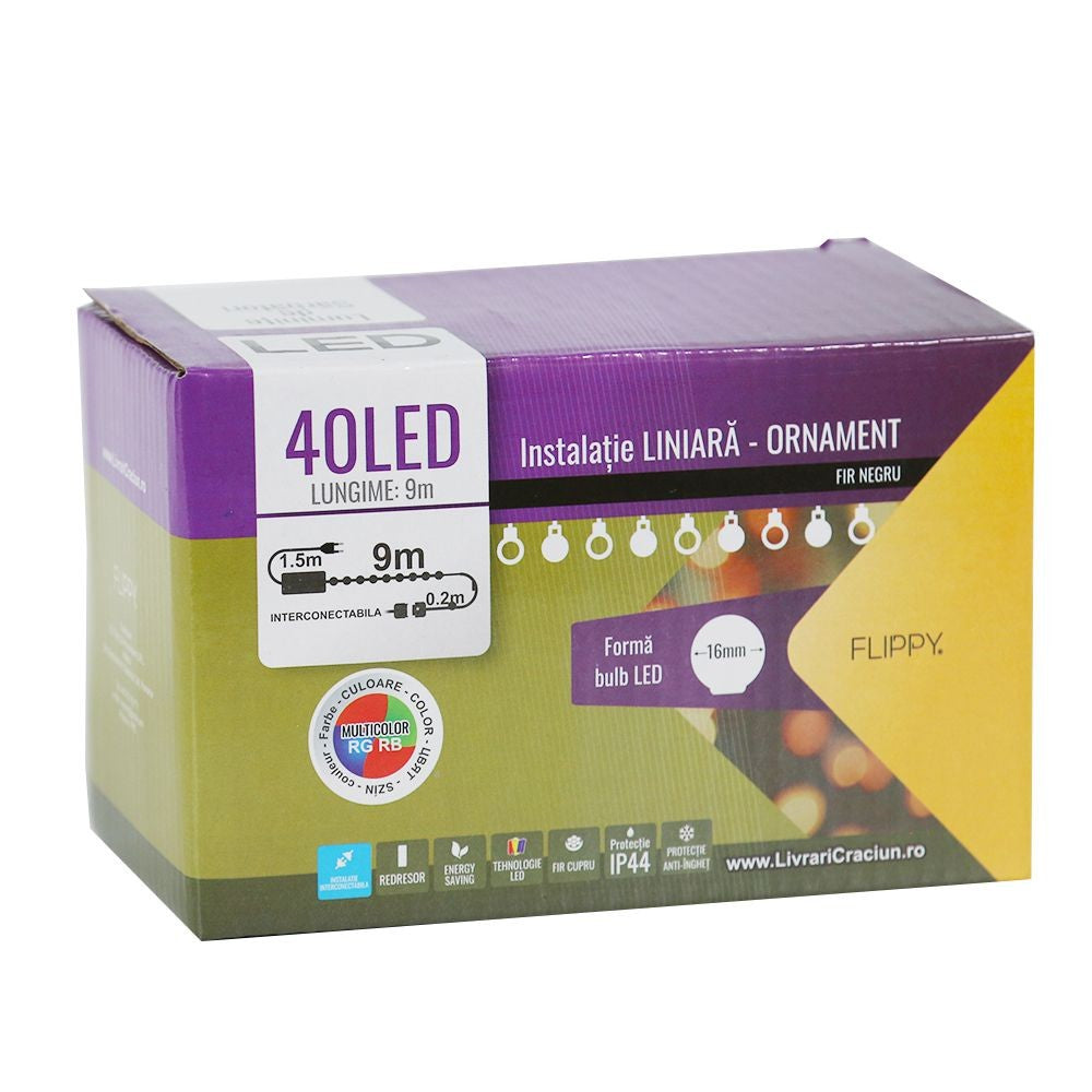 Instalatie de Craciun, Flippy®, Tip Liniara,  9 m, 40 LED-uri, Model Bulb, Interconectabila, Multicolor - vivimall.ro