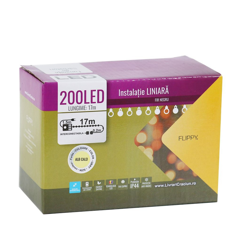 Instalatie de Craciun Flippy® Tip Liniara, Fir Negru, 17 m, 200 LED-uri, Interconectabila, Alb Cald - vivimall.ro
