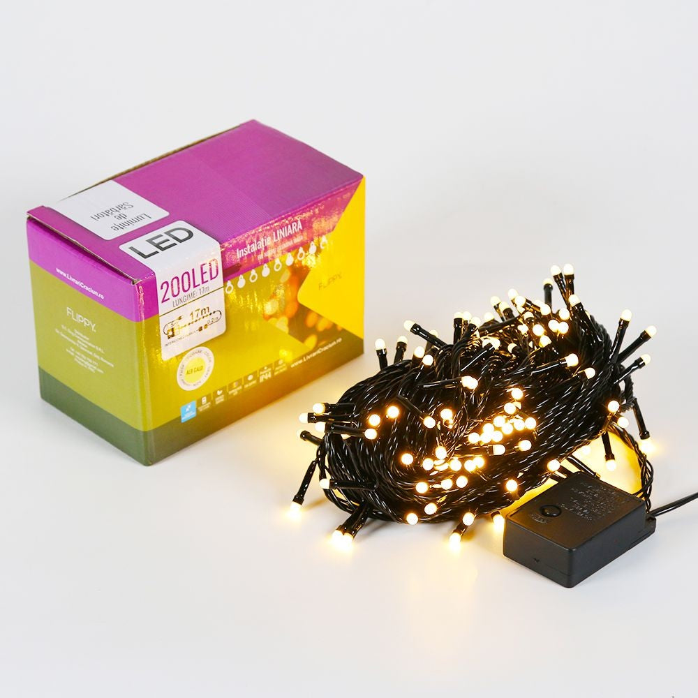 Instalatie de Craciun Flippy® Tip Liniara, Fir Negru, 17 m, 200 LED-uri Mici Rotunde, Interconectabila, Alb Cald - vivimall.ro