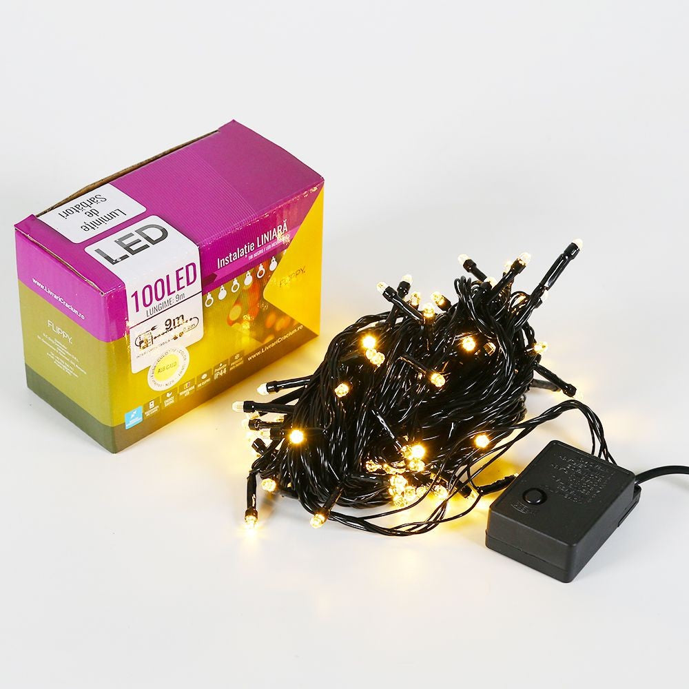 Instalatie de Craciun Flippy® Tip Liniara, Fir Negru, 9 m, 100 LED-uri Hexagonale, Interconectabila, Alb Cald - vivimall.ro