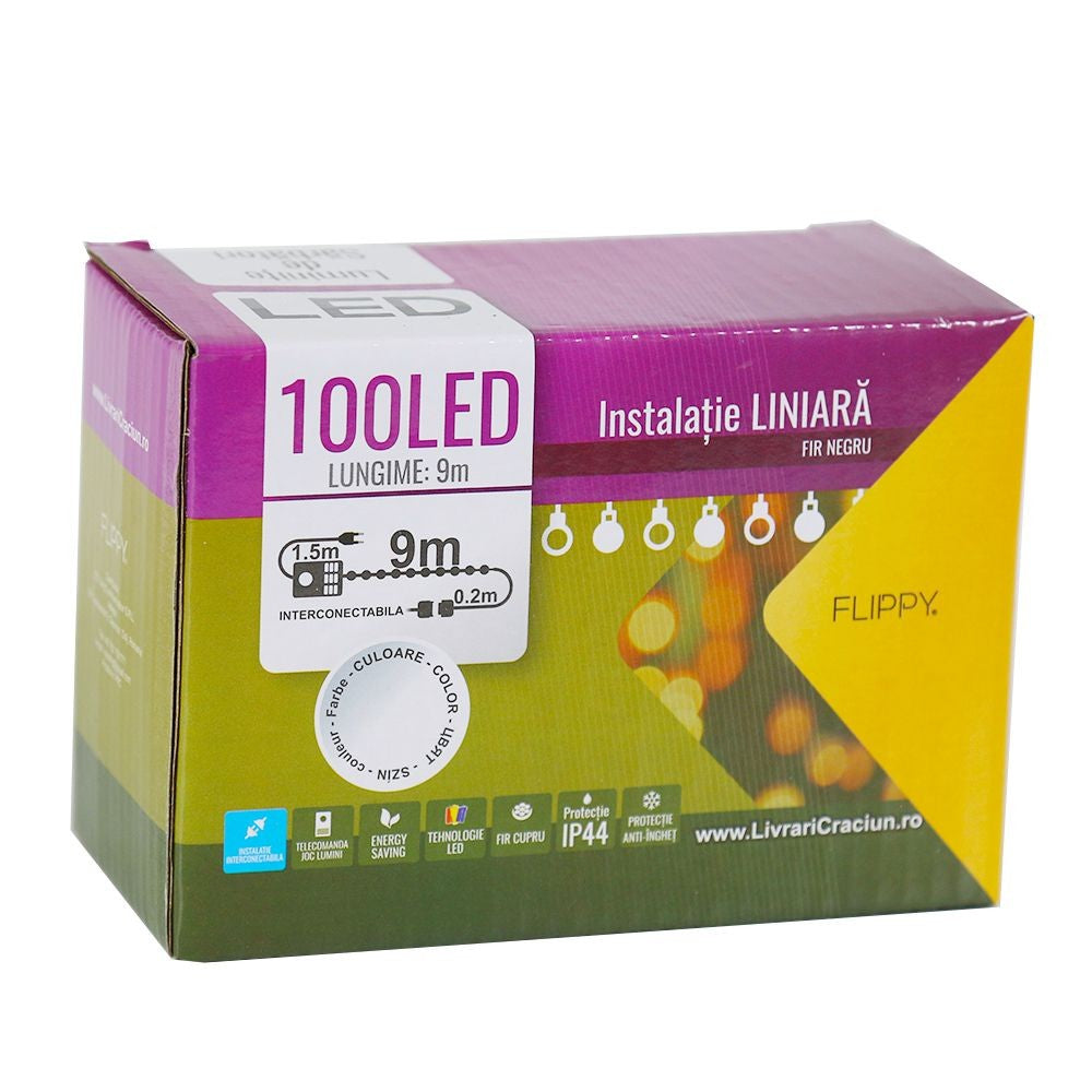 Instalatie de Craciun, Flippy®, Tip Liniara, Fir Negru, 9 m, 100 LED-uri, Interconectabila, Alb Cald - vivimall.ro