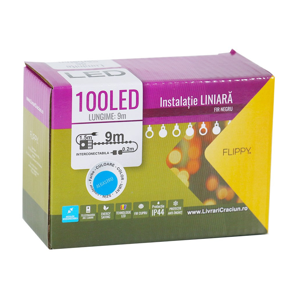 Instalatie De Craciun,, Tip Liniara, Fir Negru, 9 M, 100 Led -Uri, Interconectabila