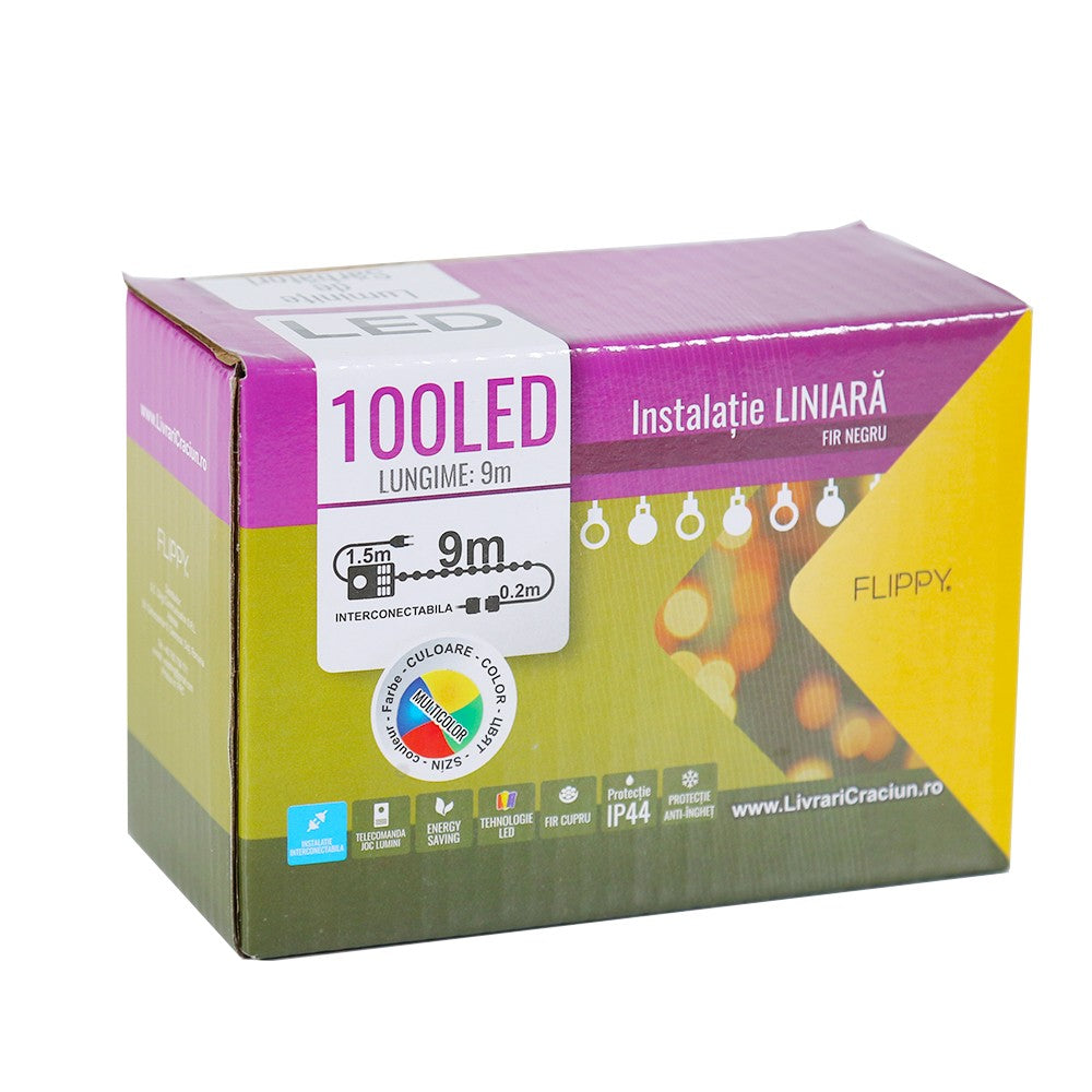 Instalatie De Craciun,, Tip Liniara, Fir Negru, 9 M, 100 Led -Uri, Interconectabila