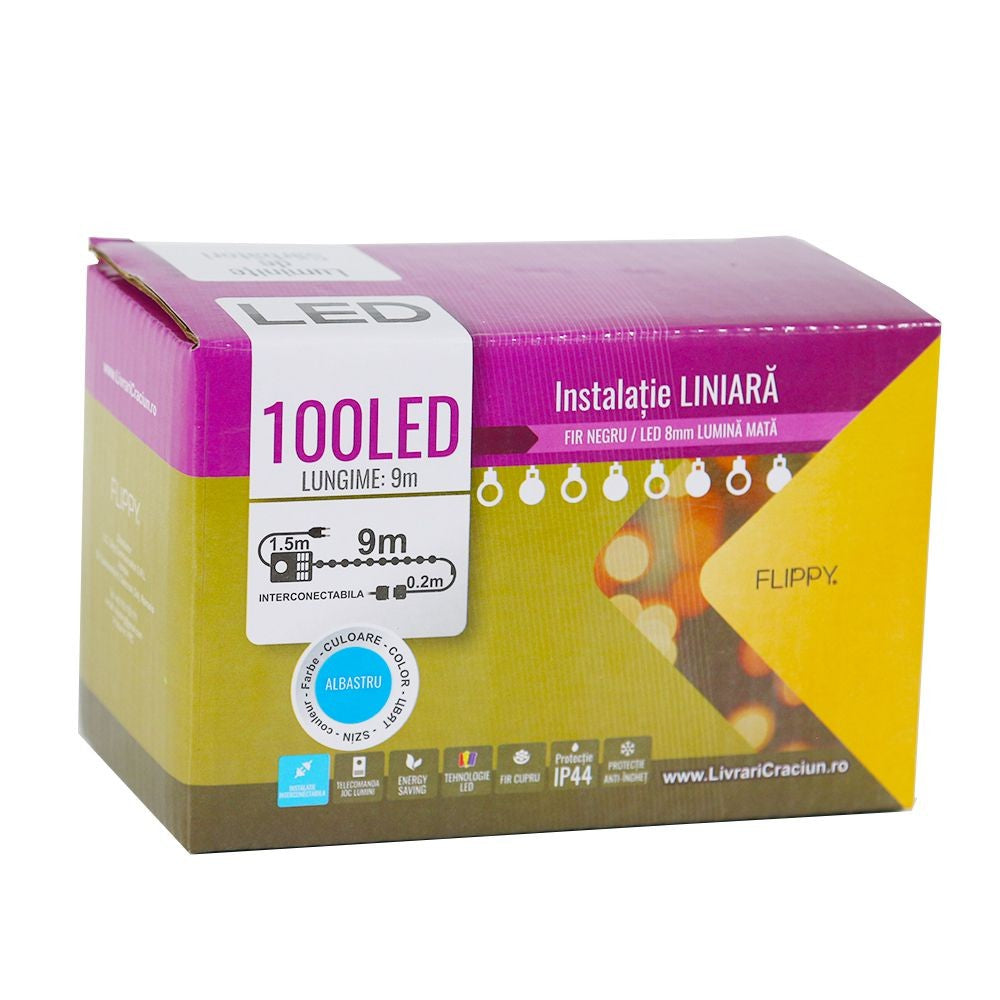 Instalatie de Craciun Flippy® Tip Liniara, Fir Negru, 9 m, 100 LED-uri Mari Rotunde, Interconectabila, Albastru - vivimall.ro