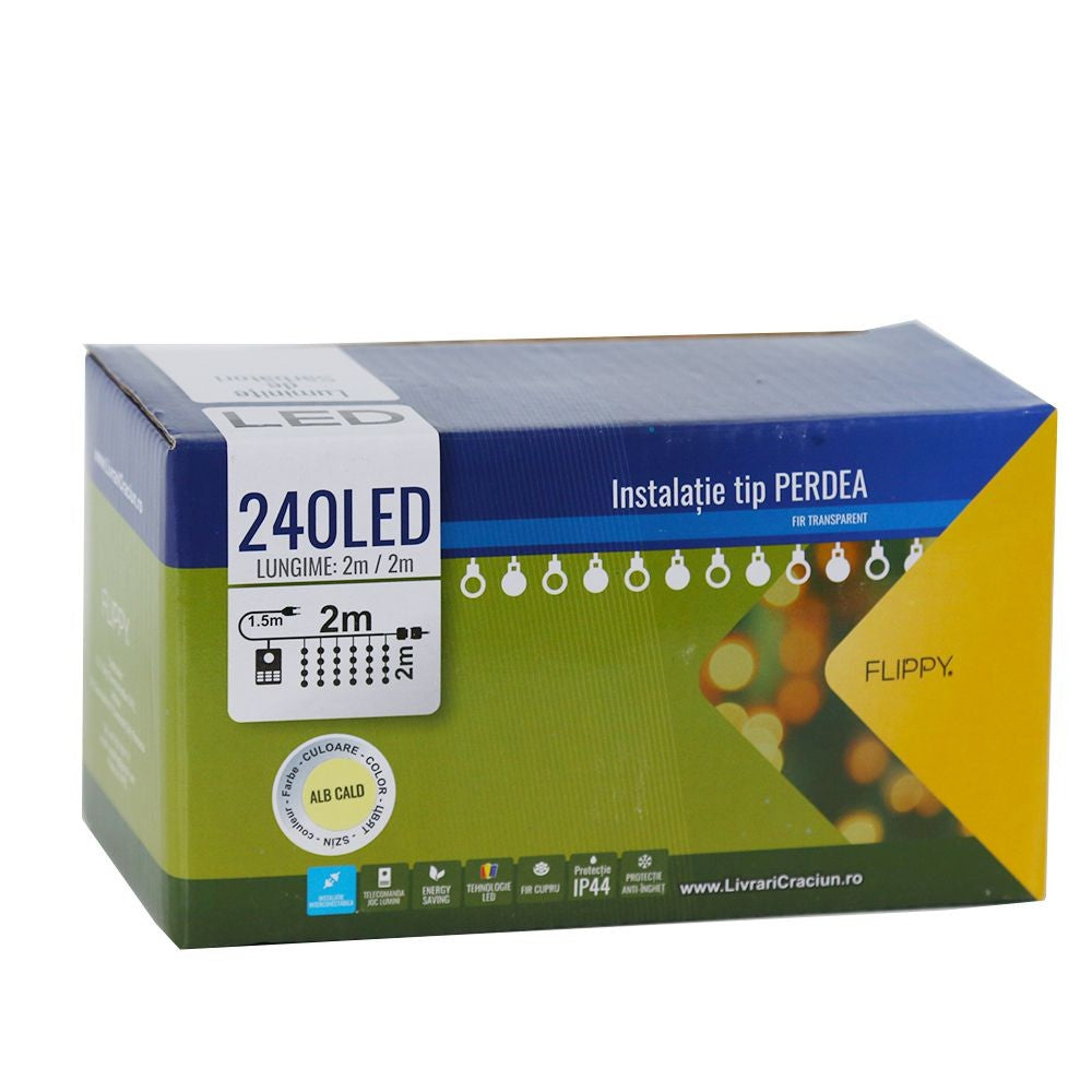 Instalatie de Craciun Flippy® Tip Perdea, 2 x 2 m, 240 LED-uri, Interconectabila, Alb Cald - vivimall.ro