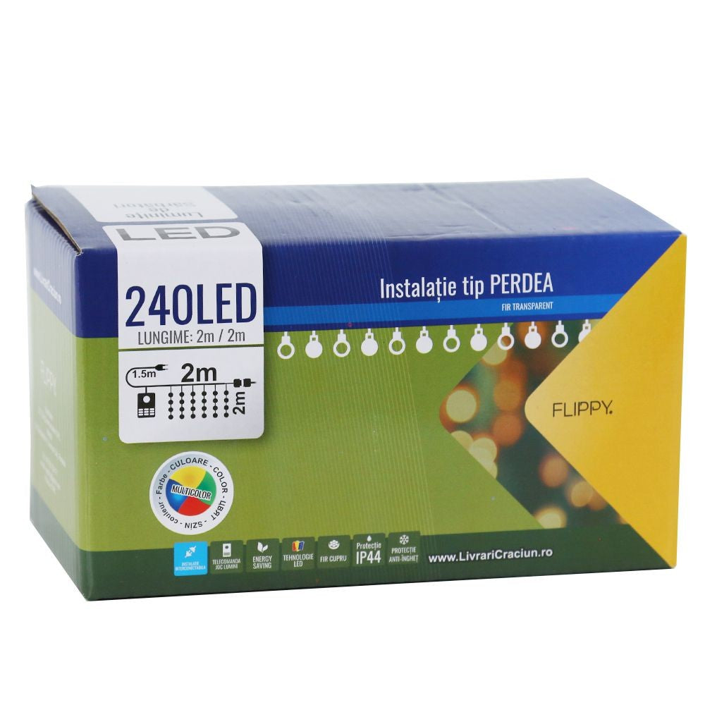 Instalatie de Craciun, Flippy®, Tip Perdea, 2 x 2 m, 240 LED-uri, Interconectabila, Multicolor - vivimall.ro