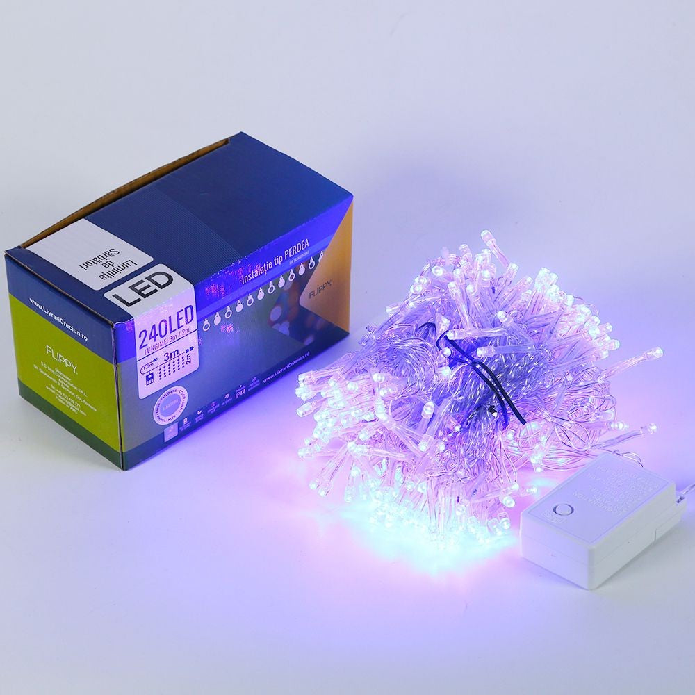 Instalatie de Craciun Flippy® Tip Perdea, 3 x 2 m, 240 LED-uri, Interconectabila, Albastru - vivimall.ro