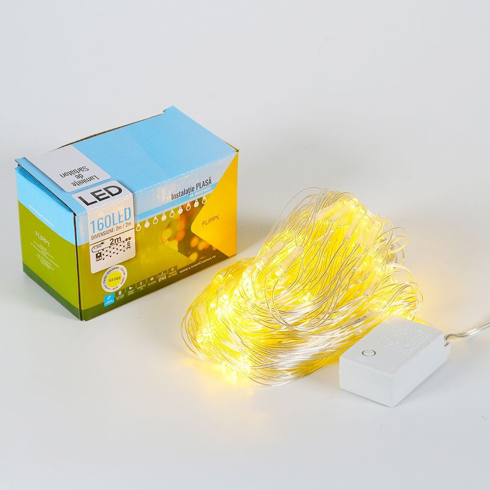 Instalatie de Craciun Flippy® Tip Plasa, Fir Transparent, 2 x 2 m, 160 LED-uri, Interconectabila, Alb Cald - vivimall.ro
