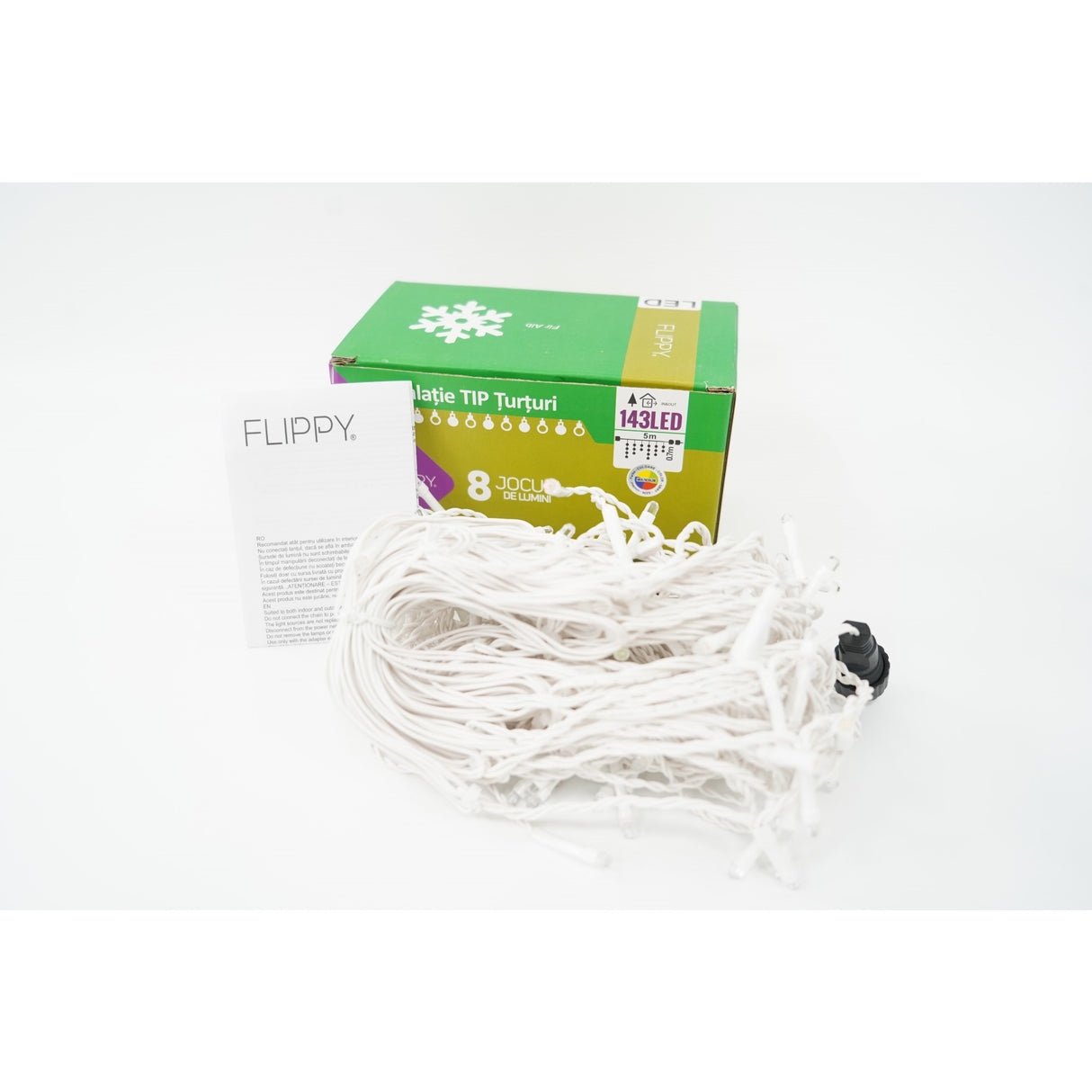 Instalatie de Craciun, Flippy®, Tip Turturi, Sectiune 5 m, 143 LED-uri, 8 Jocuri de Lumini, Fir Alb, Lumina Multicolora, IP44, Interconectabila - vivimall.ro