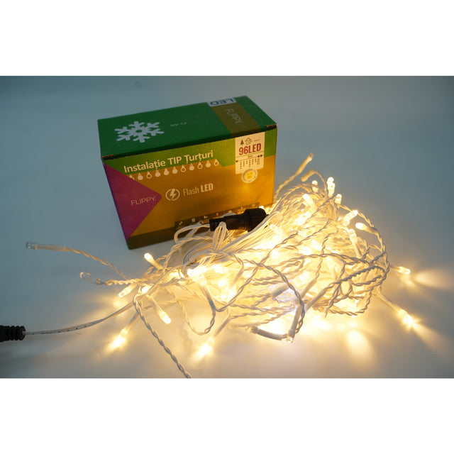 Instalatie de Craciun Flippy® Tip Turturi, Franjuri cu Flash, Sectiune 3 m, 96 LED-uri, Interconectabila, Fir Alb, Alb Cald, Atentie ! Necesita Alimentator 31 V, Cod:11419 - vivimall.ro