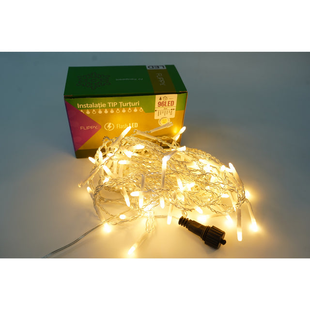 Instalatie de Craciun Vivimall® Tip Turturi, Franjuri cu Flash, Sectiune 3 m, 96 LED-uri, Interconectabila, Fir Transparent, Alb Cald - vivimall.ro