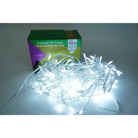 Instalatie de Craciun Flippy® Tip Turturi, Franjuri cu Flash, Sectiune 4 m, 132 LED-uri, Interconectabila, Fir Transparent, Alb Rece - vivimall.ro