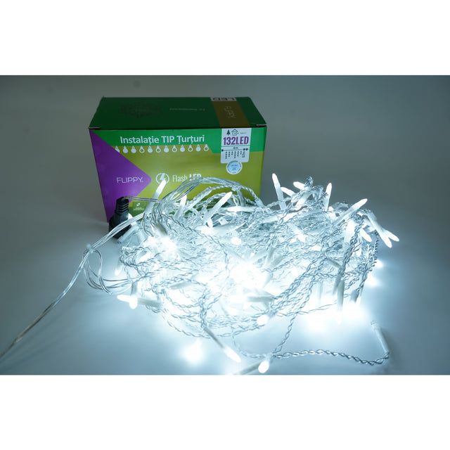 Instalație Crăciun Flippy tip țurțuri alb rece, 132 LED-uri pe secțiune de 4 m, fir transparent, vedere frontală
