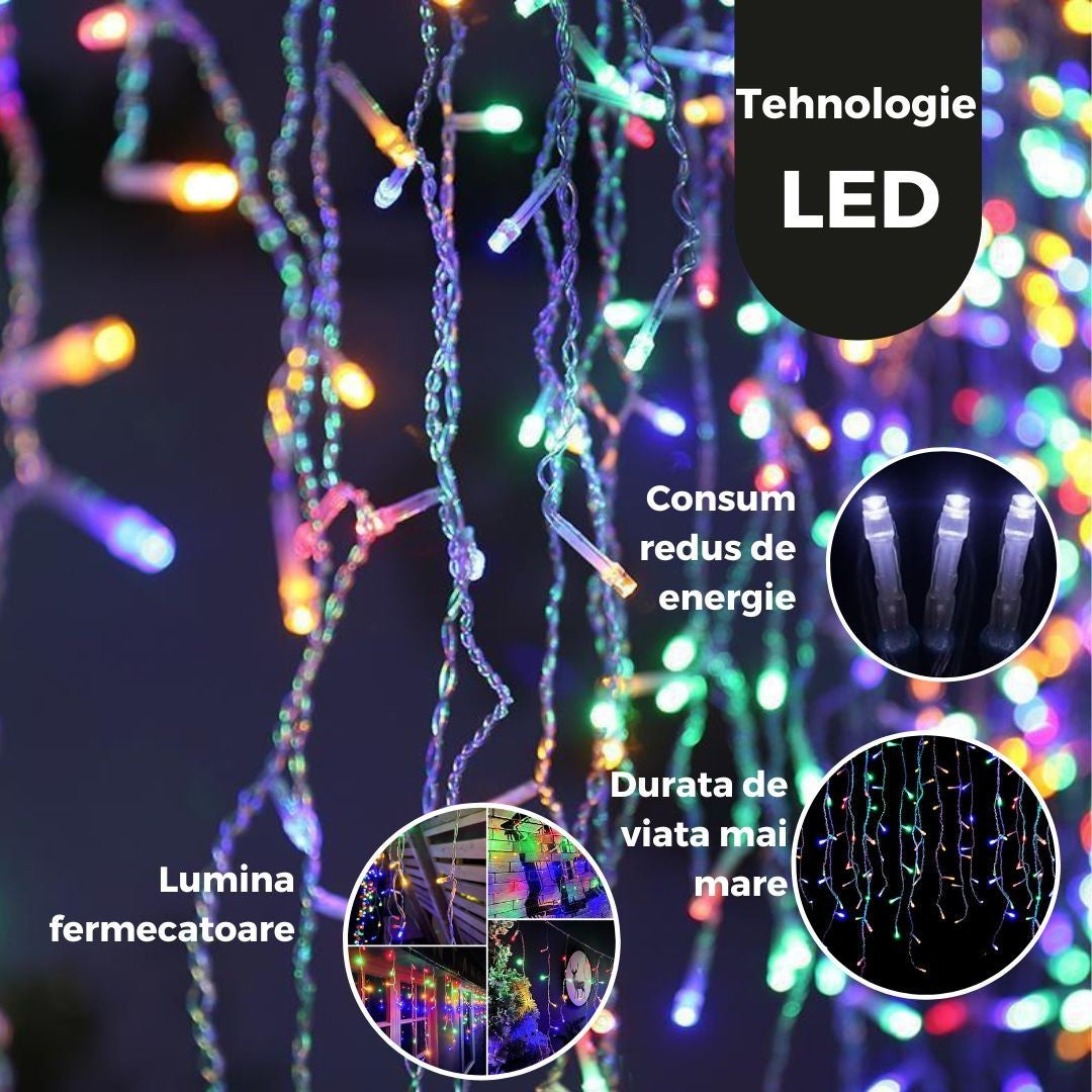 Instalatie de Craciun, Flippy®, Tip Turturi, Sectiune 5 m, 143 LED-uri, 8 Jocuri de Lumini, Fir Alb, Lumina Multicolora, IP44, Interconectabila - vivimall.ro