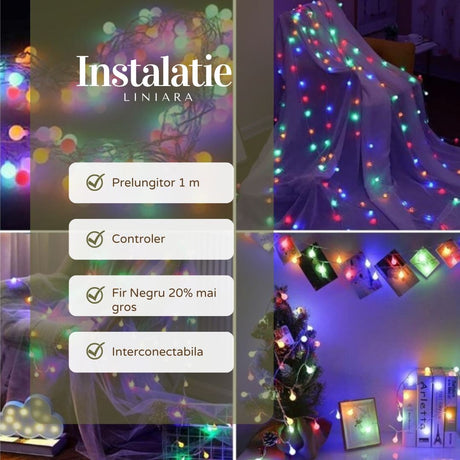 Instalatie de Craciun Liniara RGRB Yoto, 10 m, din care 1 m Prelungitor 220V, 40 LED, Bilute Mate, Interconectabila, Utilizare Interior/Exterior, Fir Negru, multicolor - vivimall.ro