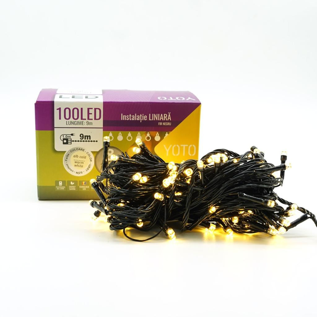 Instalatie de Craciun liniara Yoto, 10 m, din care 1 m cablu priza 220V, 100 LED, 8 jocuri de lumini, controler, fir negru, alb cald - vivimall.ro