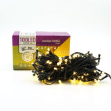 Instalatie de Craciun liniara Yoto, 10 m, din care 1 m cablu priza 220V, 100 LED, 8 jocuri de lumini, controler, fir negru, alb cald - vivimall.ro