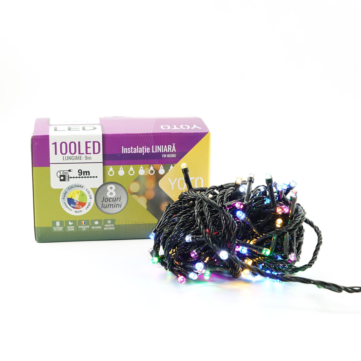 Instalatie de Craciun liniara Yoto, 10 m, din care 1 m cablu priza 220V, 100 LED, 8 jocuri de lumini, pentru interior, controler, fir negru, multicolor - vivimall.ro