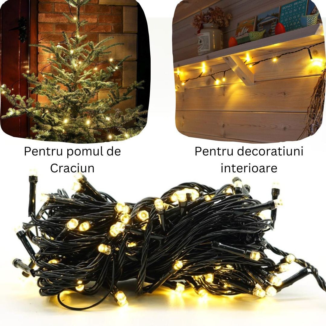 Instalatie de Craciun liniara Yoto, 17 m, din care 1 m cablu priza 220V, 200 LED, 8 jocuri de lumini, controler, fir negru, alb cald - vivimall.ro