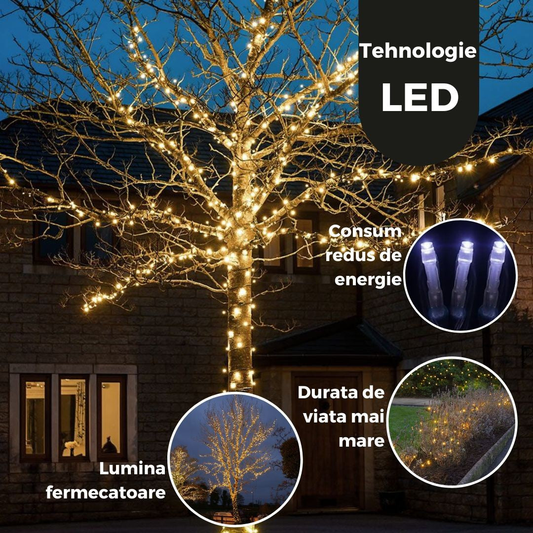 Instalatie De Craciun Liniara Yoto, 22 M, Din Care 1 M Prelungitor 220V, 300 Led, 8 Jocuri De Lumini, Controler, Utilizare Interior/Exterior, Fir, Alb Cald - vivimall.ro