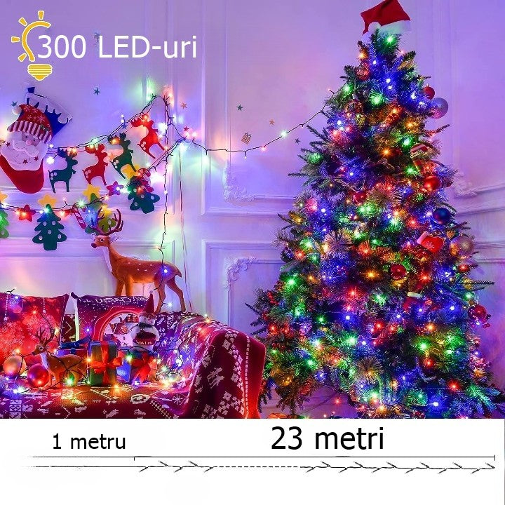 Instalatie de Craciun liniara Yoto, 24 m, din care 1 m cablu priza 220V, 300 LED, 8 jocuri de lumini, beculet in 6 colturi, pentru interior, controler, fir negru, multicolor - vivimall.ro