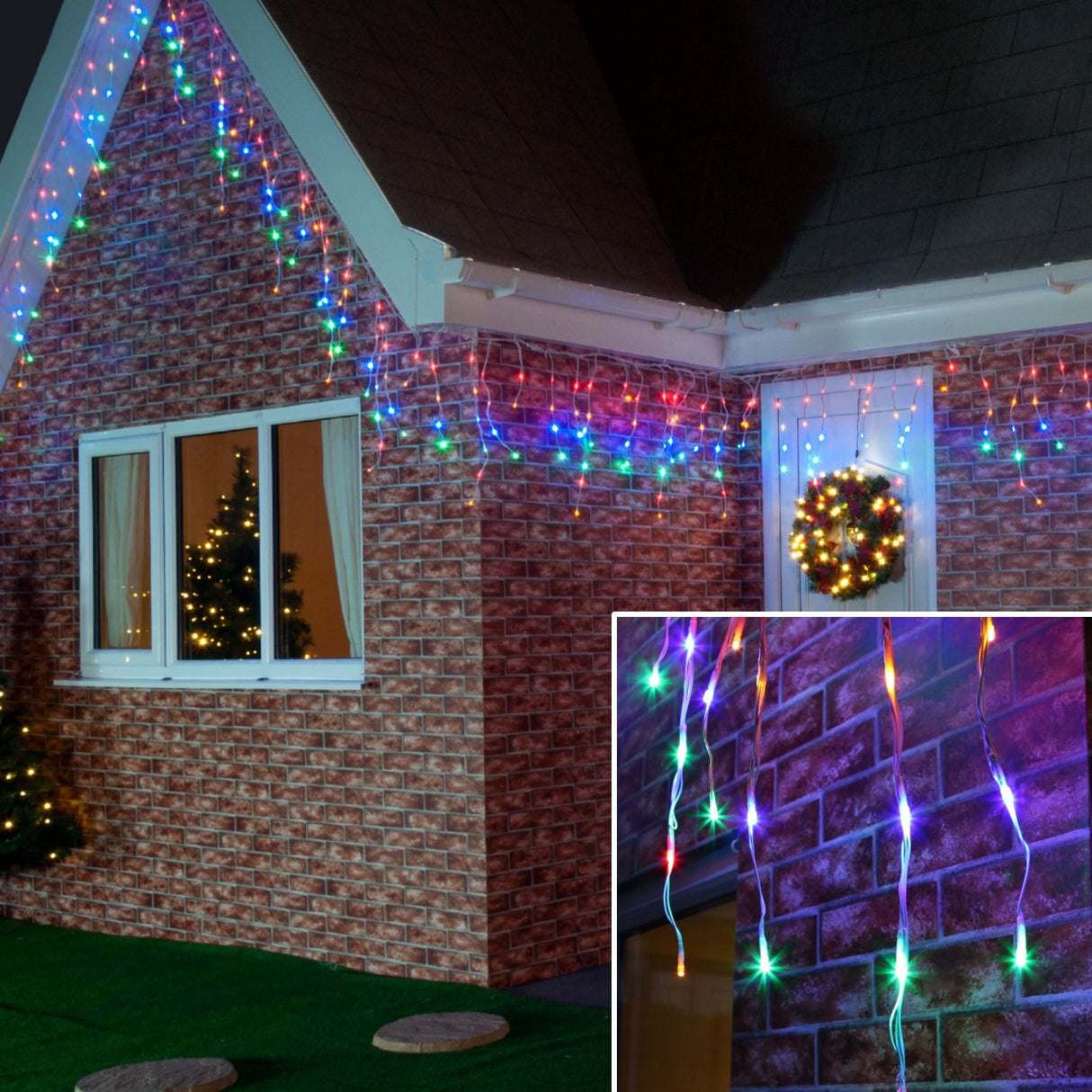 Detaliu franjuri intercalați 30, 60 și 90 cm, LED-uri multicolor aprinse, instalație Vivimall Premium