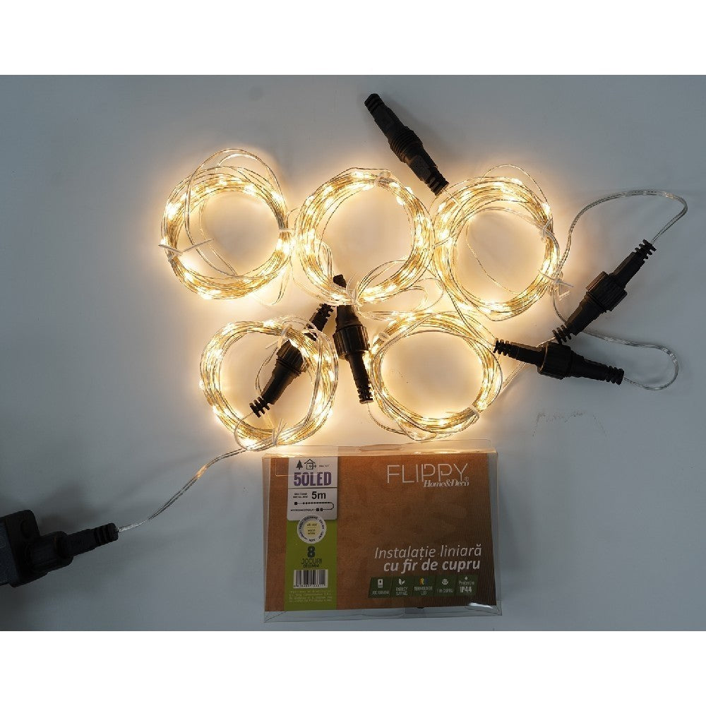 Instalatie Liniara De Craciun, 50 M, 500 Led-Uri, 8 Jocuri De Lumini, Transformator, Interconectabila, Prelungitor 5 M Inclus, Fir Cupru
