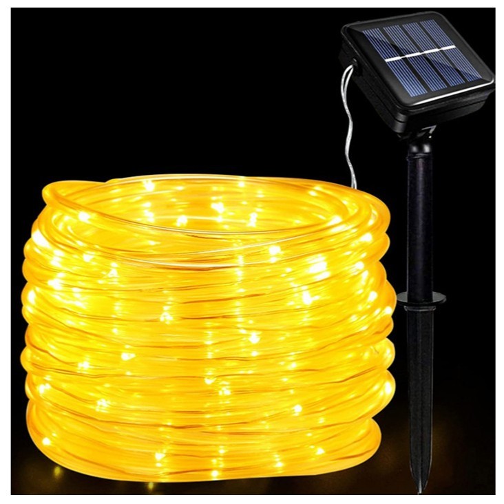 Instalatie luminoasa de Craciun cu LED, 100 LED-uri tip Tub, 12 metri lungime, 8 programe, 2 metri prelungitor, incarcare solara, alb cald, Vivimall - vivimall.ro