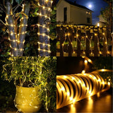 Instalatie luminoasa de Craciun cu LED, 100 LED-uri tip Tub, 12 metri lungime, 8 programe, 2 metri prelungitor, incarcare solara, alb cald, Vivimall - vivimall.ro