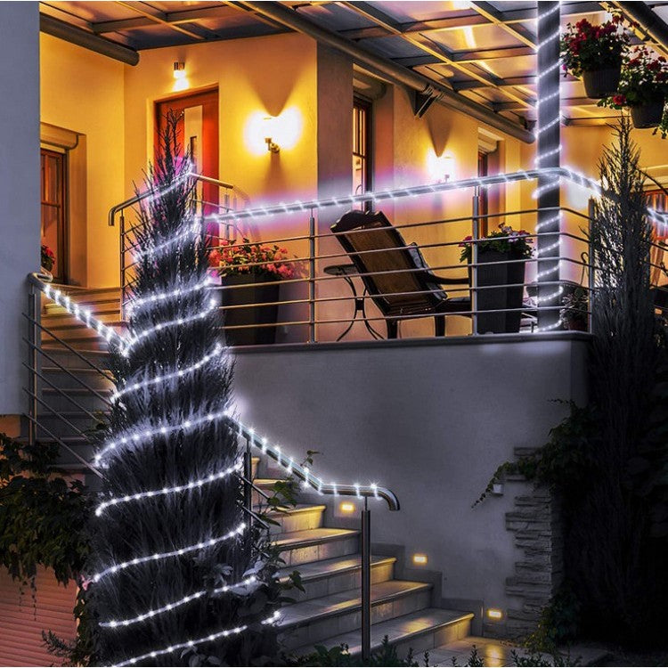 Instalatie luminoasa de Craciun tip furtun luminos, 100 LED-uri, 12 metri lungime, 8 programe, 2 metri prelungitor, sarma din cupru, incarcare solara, alb rece, Vivimall - vivimall.ro