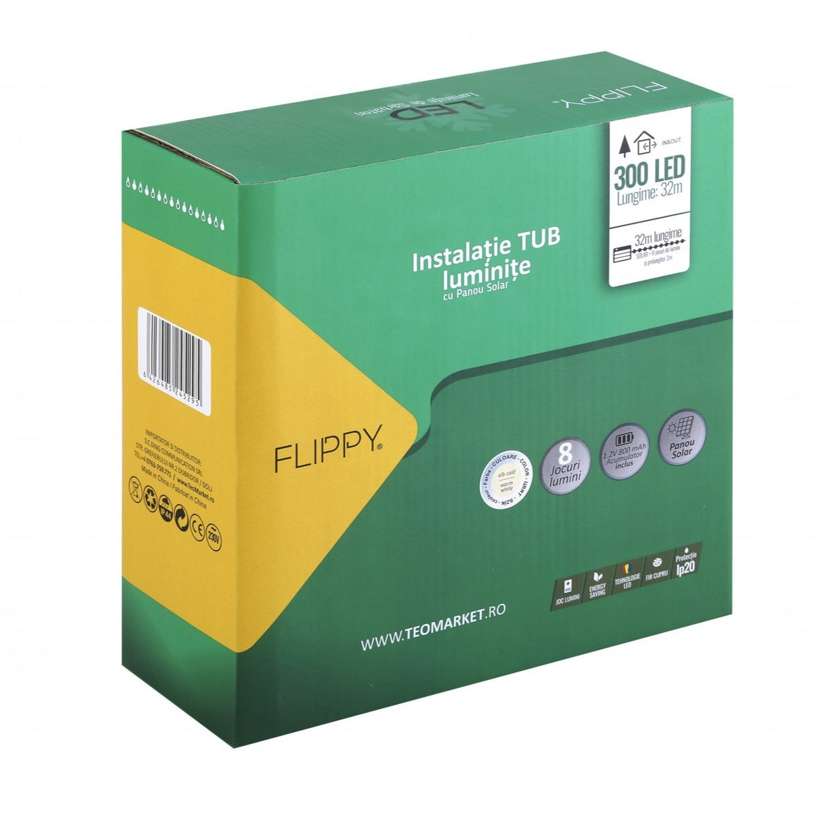 Instalatie Luminoasa De Craciun Tip Furtun Luminos, 300 Led-Uri, 32 Metri Lungime, 8 Programe, 2 Metri Prelungitor, Sarma Din Cupru, Incarcare Solara