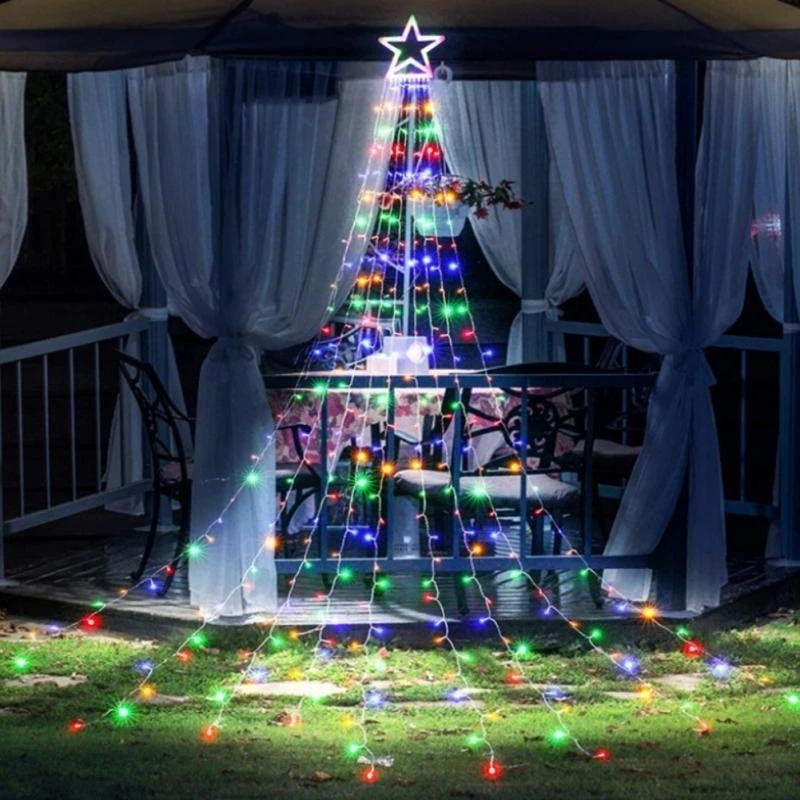 Instalatie luminoasa tip perdea pentru pomul de Craciun, cu stea luminoasa, 350 LED-uri, incarcare solara, interior/exterior, lumina multicolora, Tree Dazzler - vivimall.ro