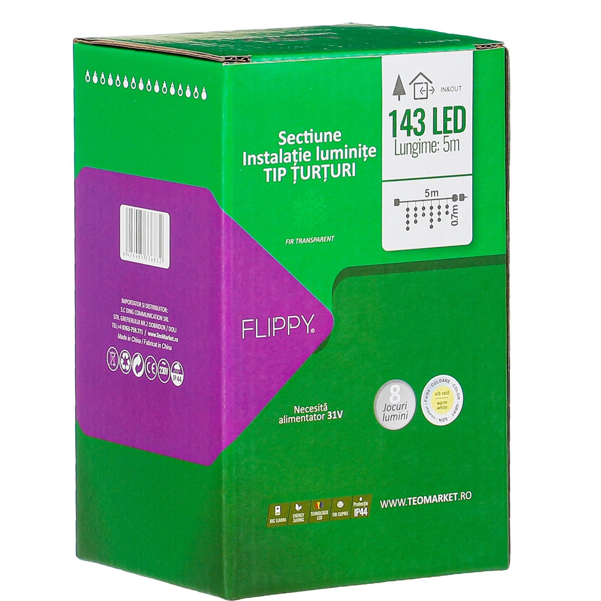 Instalație LED turturi alb cald montată pe streașină exterioară, efect luminos nocturn