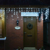 Instalatie Solara Craciun Turturi, IP44, 5 m, 143 Led-uri, Perdea Franjurata, Alb rece, 8 jocuri de lumini, cu Telecomanda, 31V, 250 mAh, Acumulator de 1200 mAh, Exterior, Prelungitor 3 m inclus, Fir Transparent, Vivimall - vivimall.ro