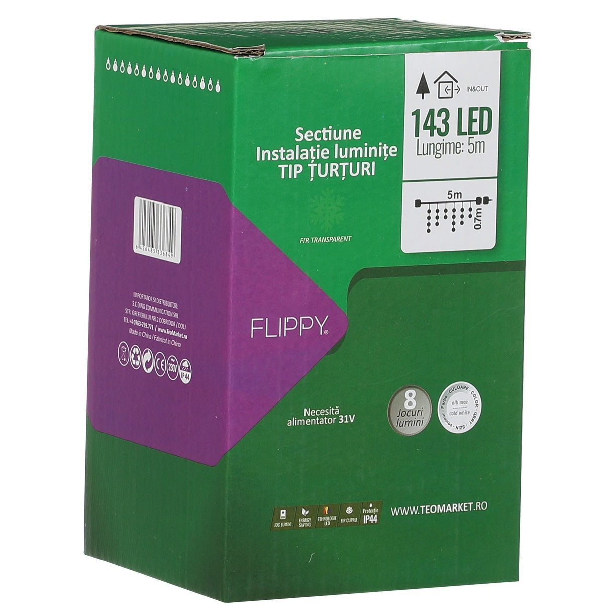 Instalatie Solara Craciun Turturi, IP44, 5 m, 143 Led-uri, Perdea Franjurata, alb rece, 8 jocuri de lumini, cu Telecomanda, 31V, 250 mAh, Acumulator de 1200 mAh, Exterior, Prelungitor 5 m inclus, Fir Alb, Vivimall - vivimall.ro