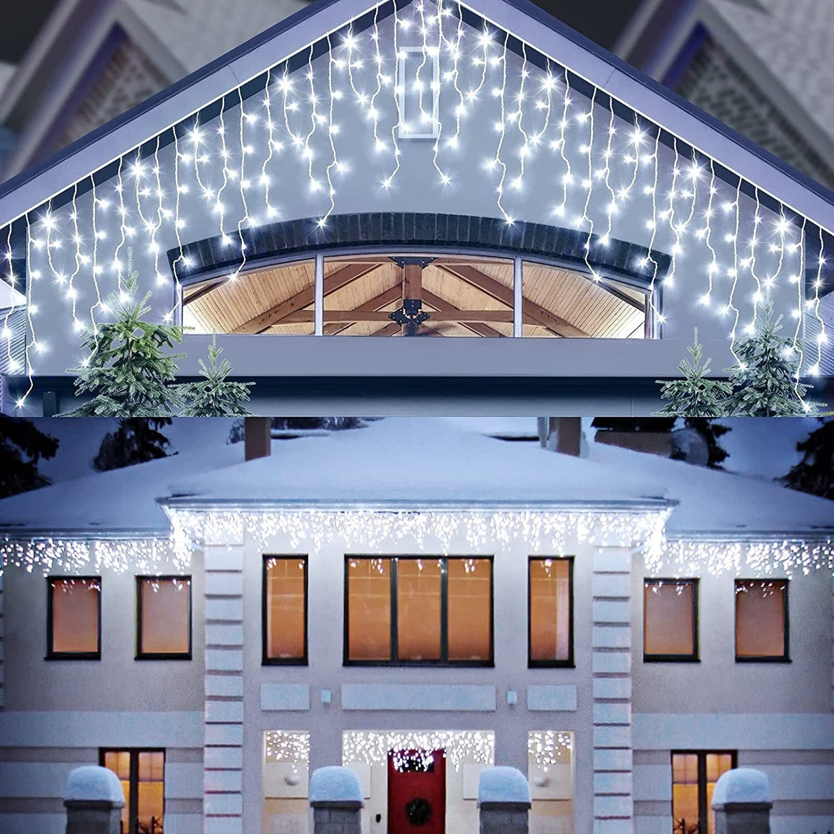 Instalatie Solara Craciun Turturi, IP44, 5 m, 143 Led-uri, Perdea Franjurata, Alb rece, 8 jocuri de lumini, cu Telecomanda, 31V, 500 mAh, Acumulator de 2400 mAh, Exterior, Prelungitor 5 m inclus, Fir Transparent, Vivimall - vivimall.ro