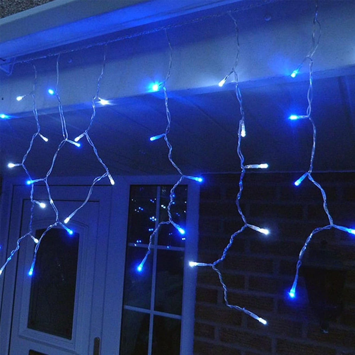 Instalatie Solara Craciun Turturi, IP44, 5 m, 143 Led-uri, Perdea Franjurata, Albastru, 8 jocuri de lumini, cu Telecomanda, 31V, 250 mAh, Acumulator de 1200 mAh, Exterior, Prelungitor 3 m inclus, Fir Transparent, Vivimall - vivimall.ro