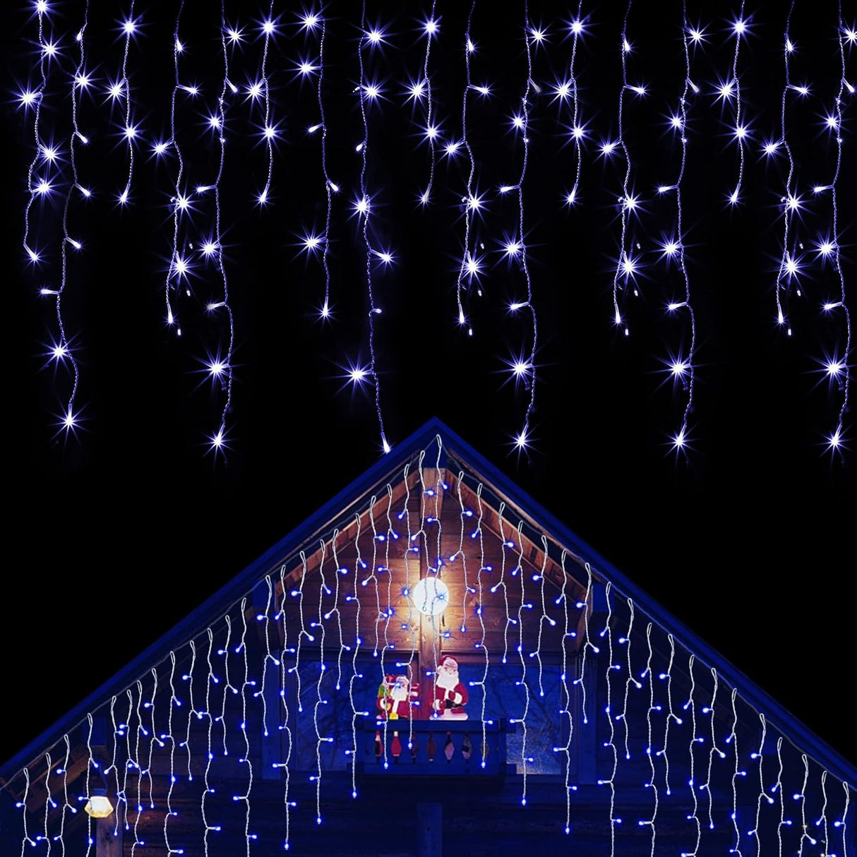 Instalatie Solara Craciun Turturi, IP44, 5 m, 143 Led-uri, Perdea Franjurata, Albastru, 8 jocuri de lumini, cu Telecomanda, 31V, 500 mAh, Acumulator de 2400 mAh, Exterior, Prelungitor 5 m inclus, Fir Transparent, Vivimall - vivimall.ro