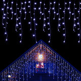 Instalatie Solara Craciun Turturi, IP44, 5 m, 143 Led-uri, Perdea Franjurata, Albastru, 8 jocuri de lumini, cu Telecomanda, 31V, 500 mAh, Acumulator de 2400 mAh, Exterior, Prelungitor 5 m inclus, Fir Transparent, Vivimall - vivimall.ro