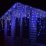 Instalatie Solara Craciun Turturi, IP44, 5 m, 143 Led-uri, Perdea Franjurata, Albastru, 8 jocuri de lumini, cu Telecomanda, 31V, 500 mAh, Acumulator de 2400 mAh, Exterior, Prelungitor 5 m inclus, Fir Transparent, Vivimall - vivimall.ro