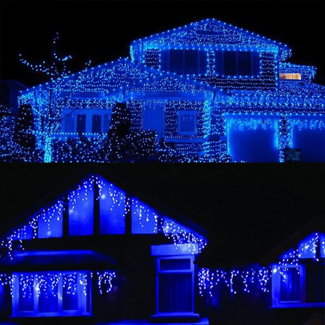 Instalatie Solara Craciun Turturi, IP44, 5 m, 143 Led-uri, Perdea Franjurata, Albastru, 8 jocuri de lumini, cu Telecomanda, 31V, 250 mAh, Acumulator de 1200 mAh, Exterior, Prelungitor 5 m inclus, Fir Negru, Vivimall - vivimall.ro