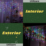 Instalatie Solara Craciun Turturi, IP44, 5 m, 143 Led-uri, Perdea Franjurata, RB-RG, 8 jocuri de lumini, cu Telecomanda, 31V, 500 mAh, Acumulator de 2400 mAh, Exterior, Prelungitor 5 m inclus, Fir Transparent, Vivimall - vivimall.ro