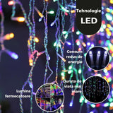 Instalatie Solara Craciun Turturi, IP44, 5 m, 143 Led-uri, Perdea Franjurata, RB-RG, 8 jocuri de lumini, cu Telecomanda, 31V, 250 mAh, Acumulator de 1200 mAh, Exterior, Prelungitor 3 m inclus, Fir Transparent, Vivimall - vivimall.ro